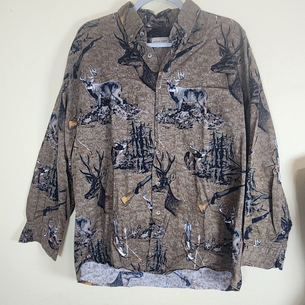 Rugged Earth Outfitters Deer Hunting Wildlife Print Cotton Button Down Shirt‎ L
